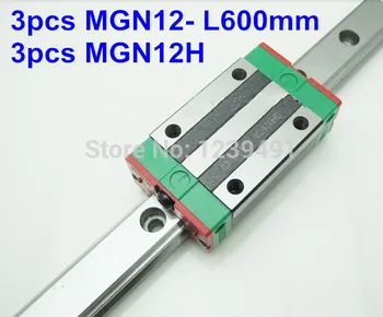 Kossel Pro Miniatúrne MGN12 12 mm lineárny list :3ks 12 mm L-600mm železničnej+3ks MGN12H prepravu pre X Y Z Axies 3d tlačiarne diely cnc