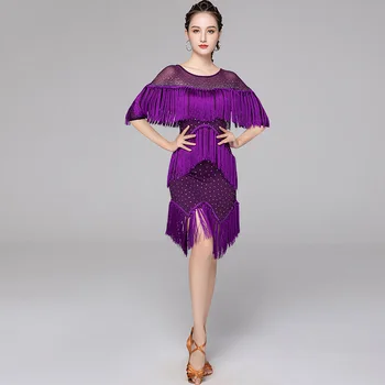 Latinské Tanečné Šaty Žena Dlhý Rukáv Drahokamu Fringe Praxi Oblečenie Latinskej Súťaže Šaty Samba Strapec Oblečenie