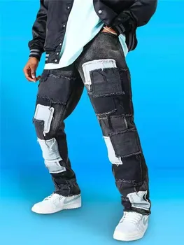 Muži Patchwork džínsy Farba paušálnych Rovné nohavice Cacual patch dizajn, Čierne, modré Dlhé nohavice Streetwear Hip-hop jogging Džínsové nohavice