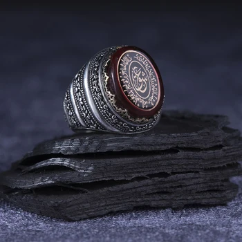 Červená Zirkón 925 Sterling Silver arabčina Vyryté Tradičné Ručne vyrábané turecký Signet Ring Šperky, Darček pre Ženy, Mužov